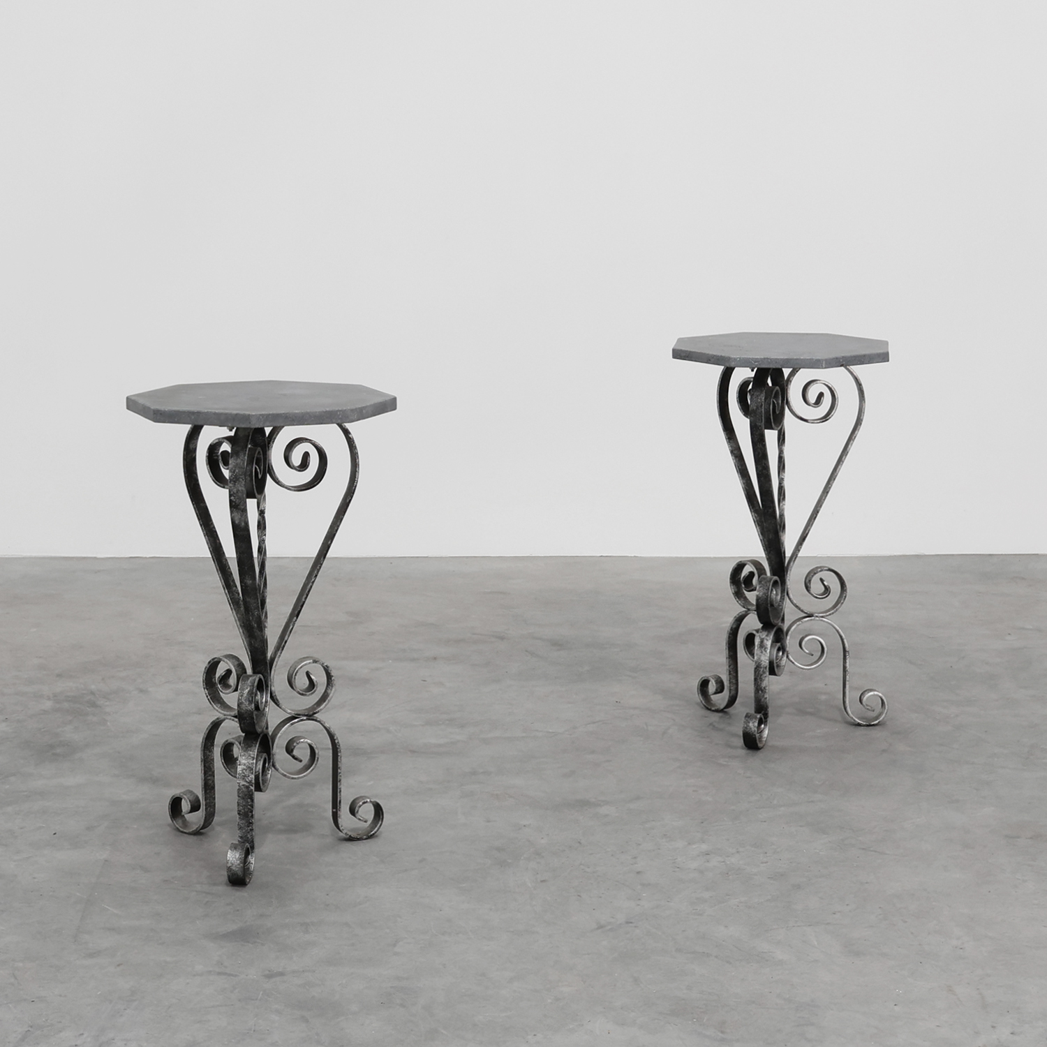 Pair of French Wrought Iron Consoles with Belgian Blue Stone Tops, 1950s-img